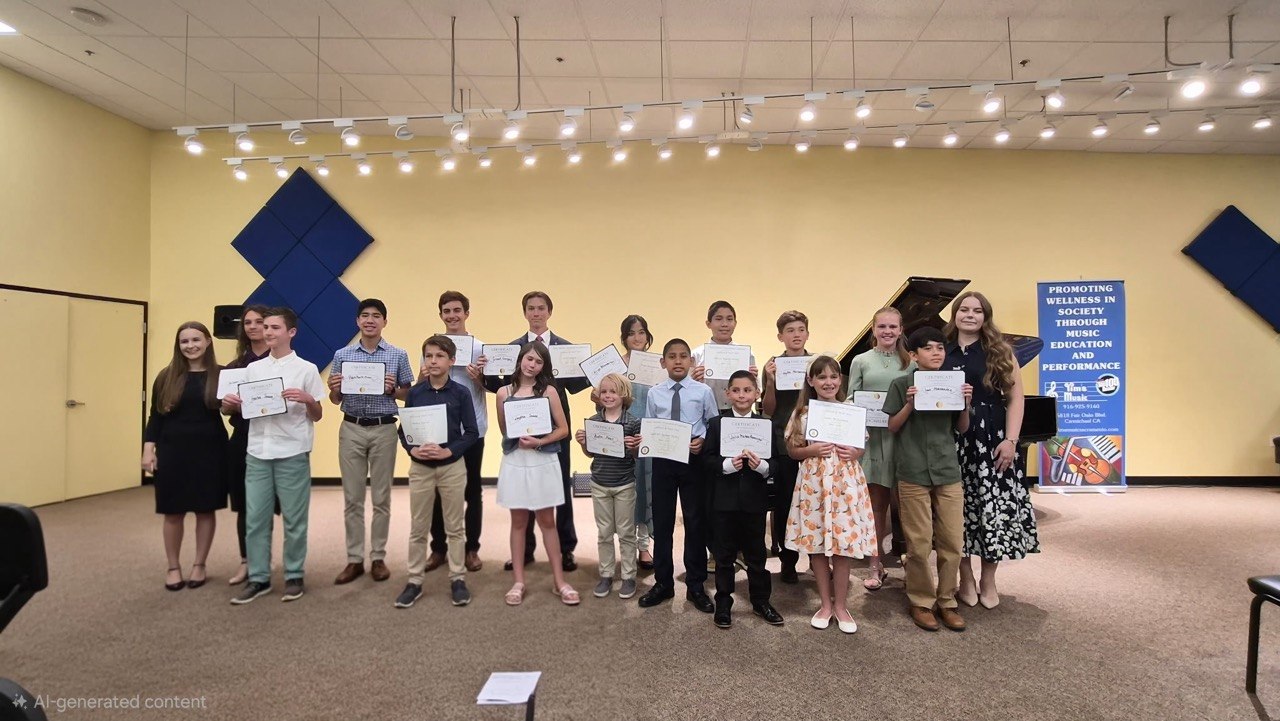 Piano students and teachers displaying certificates after a studio recital