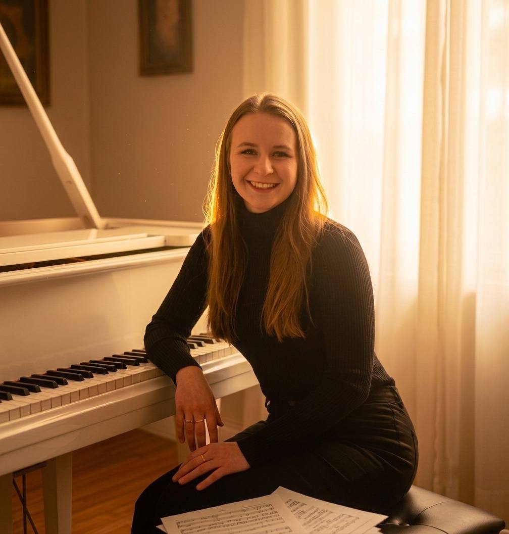 Piano teacher Anastasiia Soliar seated beside a white piano