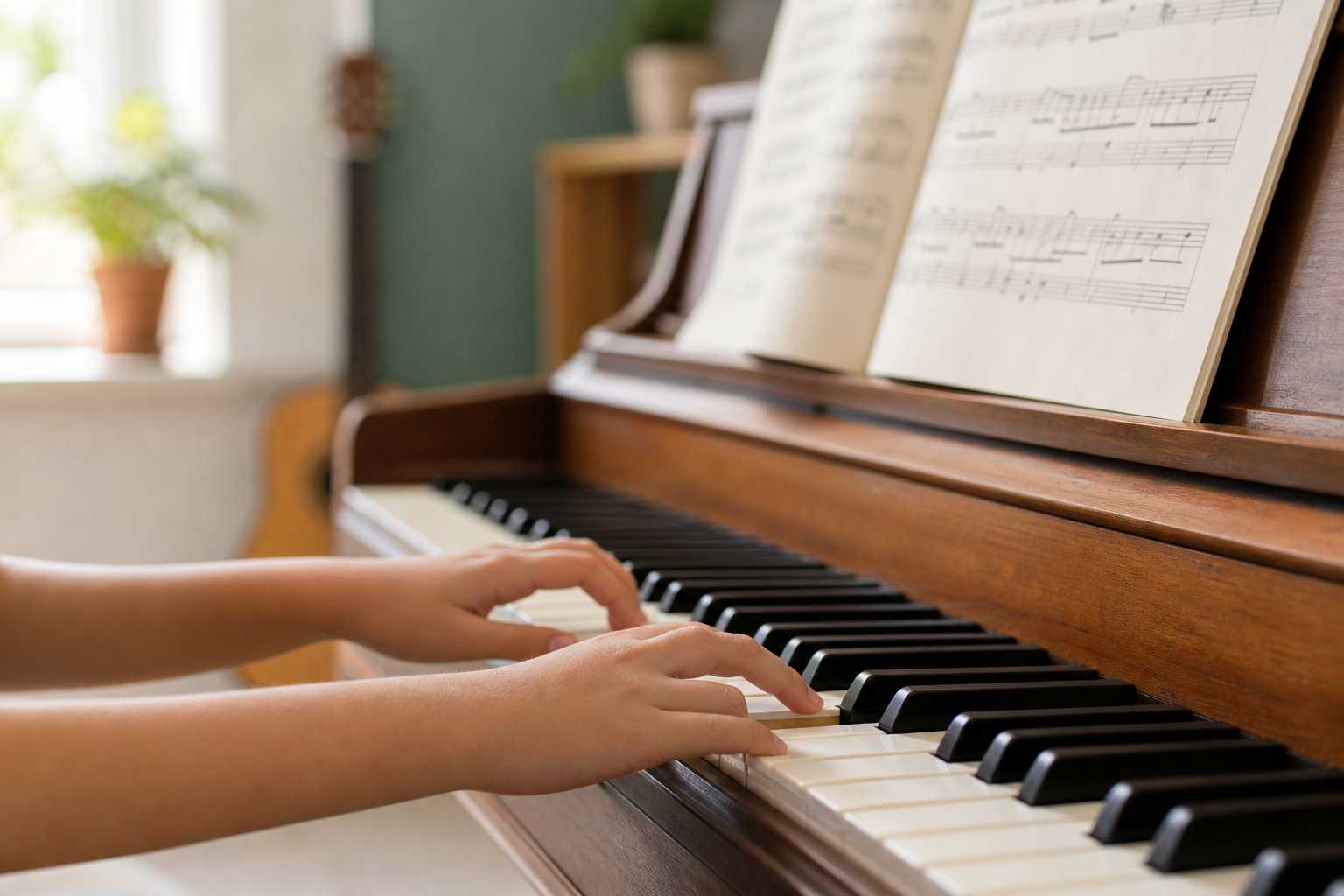 A child’s hands playing piano keys during a lesson