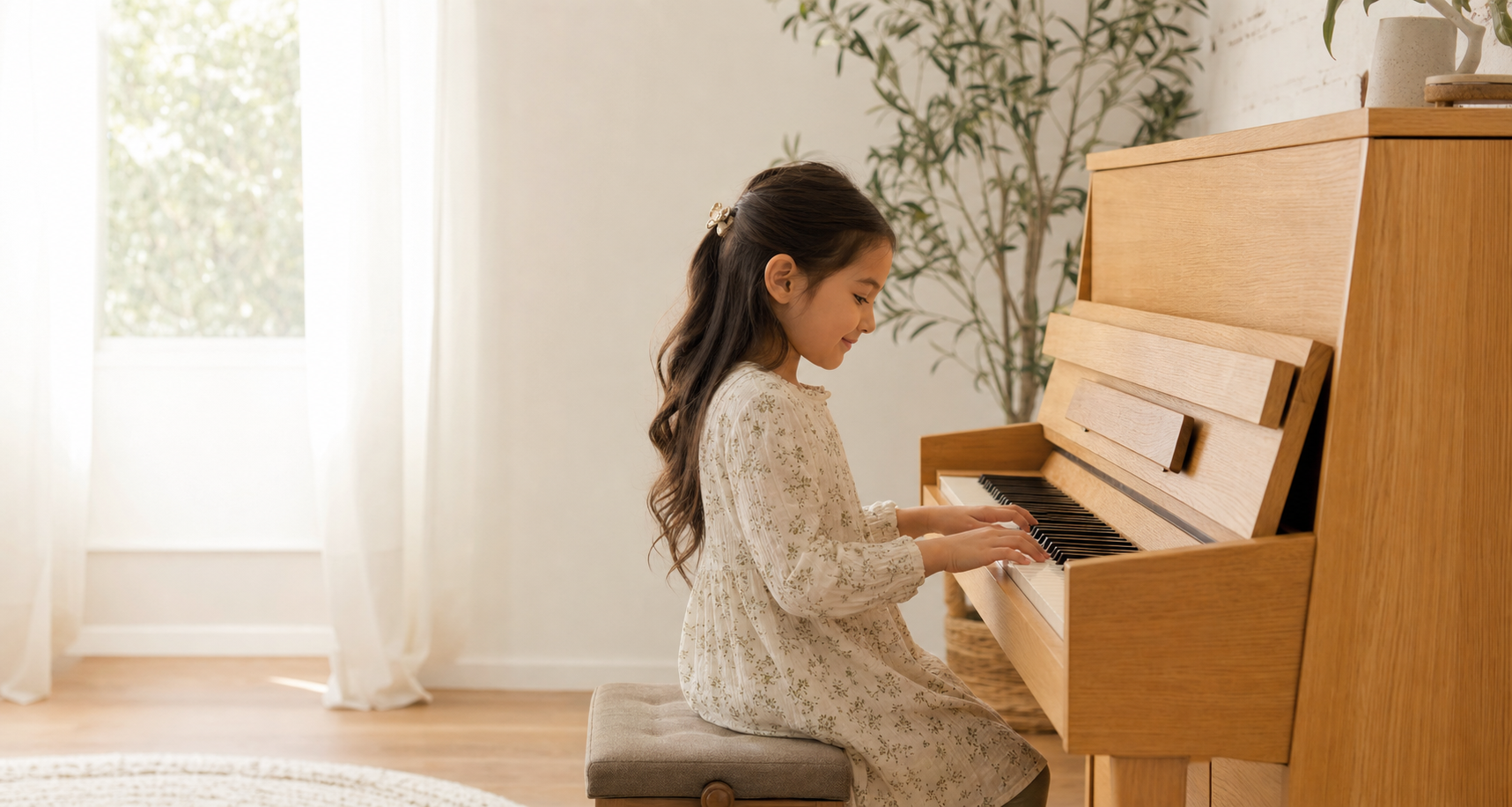 A young piano student practicing at an upright piano